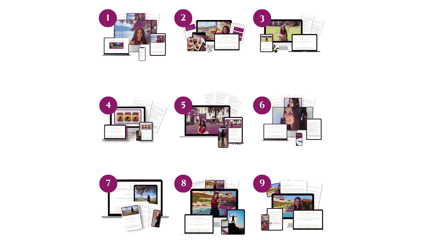 Alle neun Module des E-Book Pakets auf Laptop, Tablet und Handy